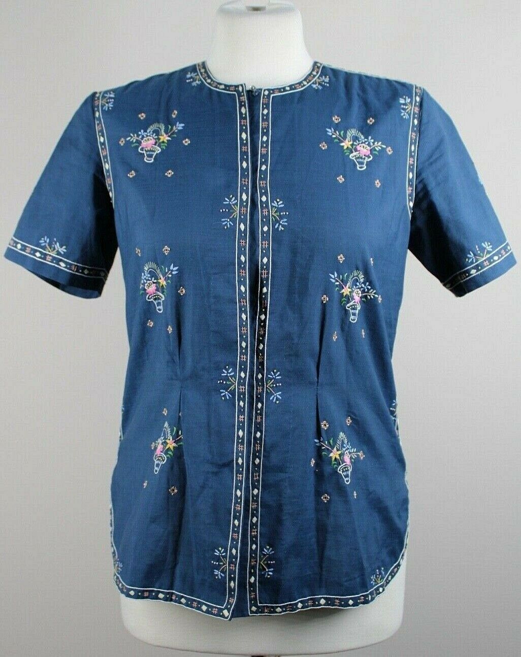 Primary image for Vtg Peacock M Chinese Blue Embroidered Floral Bouquet Basket Short Sleeve Top