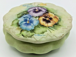Vintage Porcelain Floral Lidded Trinket Box Round Hand Painted Signed - £15.86 GBP