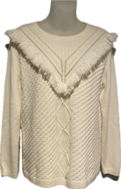 Vintage Talbots Ivory Wool Blend Fringe Fancy Cableknit Sweater-Size M Petite - £47.16 GBP