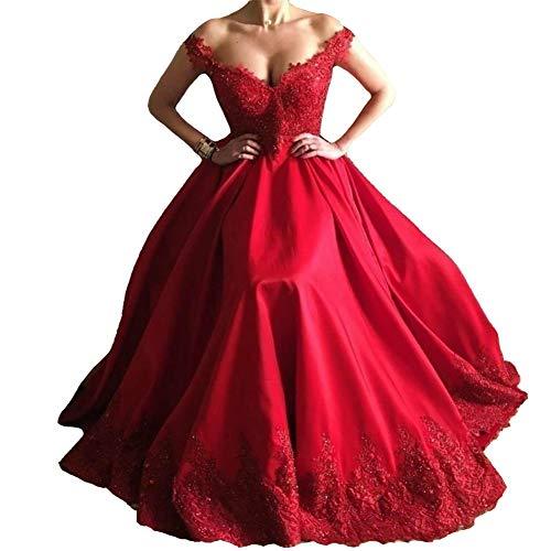 Beaded Lace Off The Shoulder Satin Formal Long Prom Dress Evening Gown Red US 12