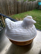 Avon Hen On Nest Covered Dish - Milk Glass With TAN  Base  - £10.29 GBP