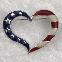 USA Flag Heart Vintage Pin Silver Tone Enamel By Avon - $10.78