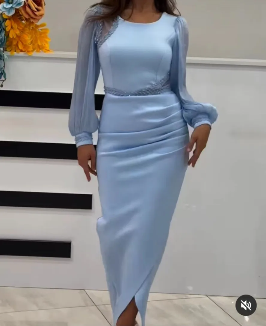 Long sleeved round neck irregular evening dress with hip hugging skirt Bead fold - $142.00