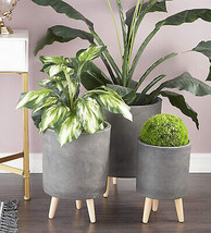 Set of 3 Contemporary Grey Fiber Clay Cylindrical Planter Pots With Wooden Feet - £109.83 GBP
