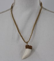 FAUX CARVED SHARK TOOTH PENDANT NECKLACE W/ ADJUSTABLE BRAIDED NATURAL C... - £14.06 GBP