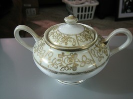 Nippon Sugar Bowl with Raised Gold Floral Design on White with Lid - $30.58