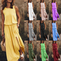 Women&#39;s Crew Neck Sleeveless Dress, Slit Solid Color Skirt, Vacation Dress - $25.99