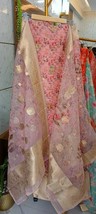 Pure Organza Silk Semi Stitched Salwar Suit Set, Pink Floral Print with Zari Seq - £74.91 GBP