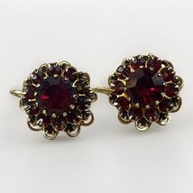 Sarah Coventry Deep Red Rhinestone Clip On  Earrings Tiered Vintage Gold... - $15.76