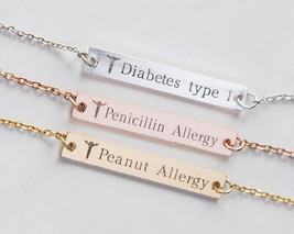 Stylish Medical ID Alert Necklace Diabetes Allergy Personalized Bar Pendant Gift - £22.38 GBP