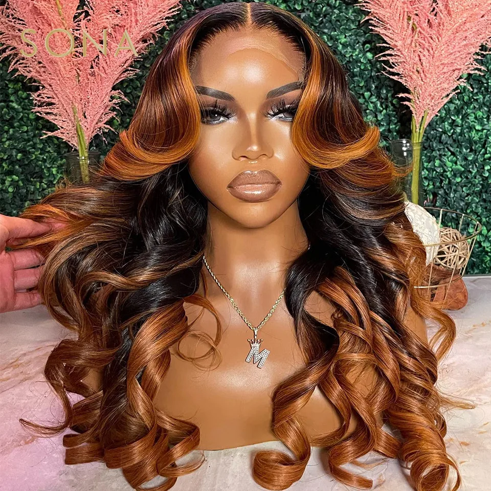 Ombre Ginger Brown Colored 13x6 HD Transparent Lace Frontal Wig Wave Pre-Pluck - £85.94 GBP+