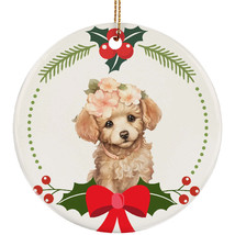 Cute Poodle Dog Puppy Head Flower Wreath Christmas Ornament Ceramic Gift Decor - £11.83 GBP
