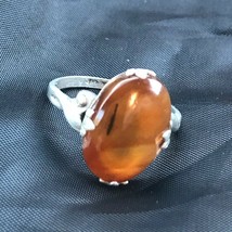 Vintage Sterling Silver Signed Thin Band w Prongset Oval Orange Agate St... - £21.18 GBP
