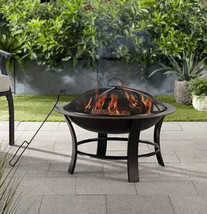 26&quot; Metal Round Outdoor Wood Burning Fire Pit w/ Iron Firepot Spark Screen Black - £38.71 GBP