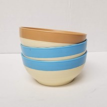 3 Raffiaware Cereal Bowls Raffiaware by Thermo-Temp Vintage Brown Blue Stacking - £7.12 GBP