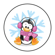 30 Cute Penguin Stickers Envelope Seals Labels 1.5&quot; Round Winter Snowflake - £5.88 GBP