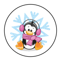 30 Cute Penguin Stickers Envelope Seals Labels 1.5&quot; Round Winter Snowflake - £5.59 GBP