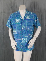 Vintage Hawaiian Shirt - Blue Green and White Tribal Pattern by Kai Nani... - £46.41 GBP