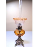 Antique Oil Lamp Amber Colored Glass with Etched Ruffled Shade - £115.55 GBP