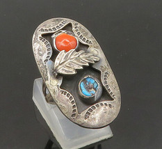 NAVAJO 925 Silver - Vintage Turquoise &amp; Coral Feather Band Ring Sz 6 - RG21738 - £140.09 GBP