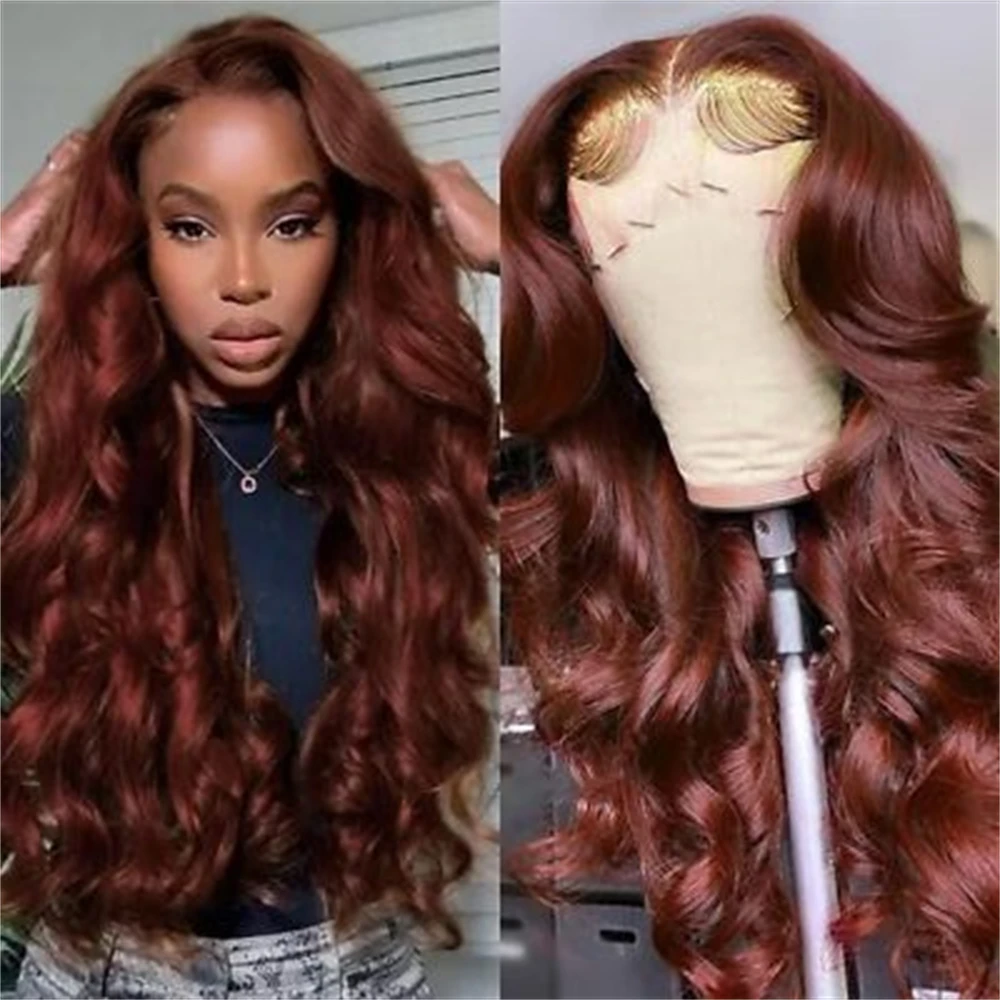 Reddish Brown Lace Front Human Hair Wigs Body Wave Pre Plucked Colored HD La - £61.53 GBP+