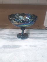 Large Blue Carnival Glass Footed Pedestal Candy Dish - $49.50