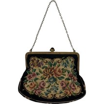 Vintage Needlepoint Tapestry Purse Bag On Gold Toned Frame Chain Unmarked 5 x 6&quot; - £25.88 GBP