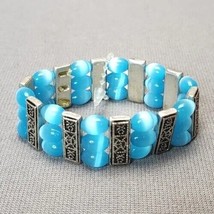 Stretch Bracelet Aqua Blue Cat&#39;s Eye Glass Beads with Mosaic Silver-tone Spacers - £11.08 GBP