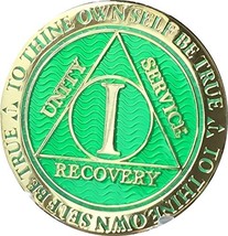 Recoverychip 1 Year AA Medallion Reflex Green Gold Plated Alcoholics Ano... - $14.84