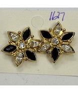 Avon Vintage Pierce Earrings Black &amp; Clear Rhinestone Gold Tone Flower D... - $11.30