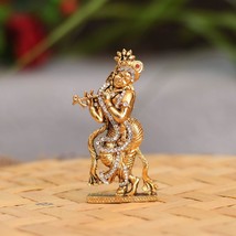 Gold Plated Flute Playing Krishna Idol Showpiece - Metal Krishna Statue ... - $34.64