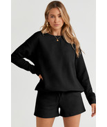 Black Textured Long Sleeve Top and Drawstring Shorts Set - $31.42