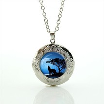 Silhouette Wolf Moon Cabochon LOCKET Pendant Silver Chain Necklace USA Ship #9 - £11.99 GBP