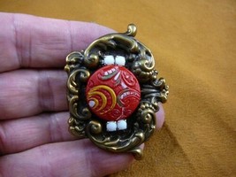 (Z-22-16) Red scrolled white yellow swirl Czech glass button brass pin brooch - $23.36