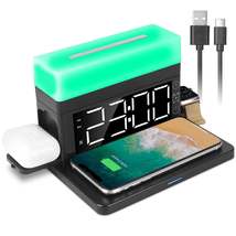 3-In-1 15W Fast Wireless Charging Station Dock 7-Color Flashing Alarm Clock Lamp - £40.87 GBP