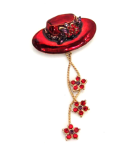 Red Hat Enamel Brooch w Dangling Flowers Red and Purple Rhinestones - £7.11 GBP