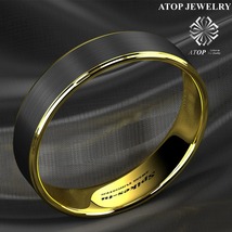 6mm Tungsten Ring Black Brushed Gold Stripe Wedding Band ATOP Men&#39;s Jewelry - £26.89 GBP