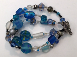 Art Glass Beaded Bracelet Blue Theme Silver Tone Toggle Closure Approx  7&quot; - £9.42 GBP
