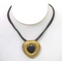 Vintage Gold Black  Heart Cord Necklace Chunky Slider Pendant Choker QV ... - $19.75