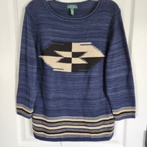 Lauren Ralph Lauren Southwestern Cotton Linen Blend Knit Sweater XL Blue... - £22.13 GBP