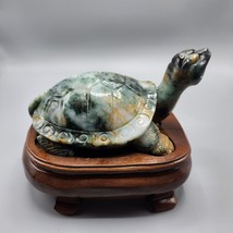Moss Agate Turtle Figurine Hand Carved Statue 7&quot; Wood Base Semi-Precious Stone - £193.09 GBP