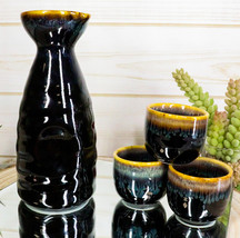 Glazed Ceramic Brown White Waterfall Japanese Sake Tokkuri Flask And 3 Cups Set - £20.77 GBP