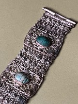 Vintage Wide Spun Silver Wire w Oval Carved Stone Scarab Bracelet - AS-I... - $13.45