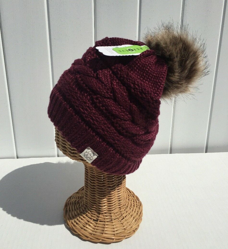 Primary image for Winter Knit Beanie Hat Skull Cap Soft Solid Wine with Camel Fur Pom Recycle  #B