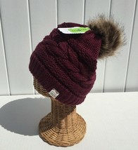 Winter Knit Beanie Hat Skull Cap Soft Solid Wine with Camel Fur Pom Recy... - £6.45 GBP