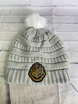 Harry Potter Hogwarts Crest Logo Gray Gold Knit Pom Beanie Hat Cap Adult... - $24.25
