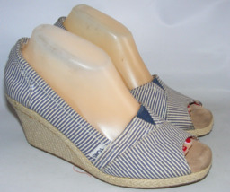 TOMS Women Size 9 M Peep Toe Wedge Espadrilles Blue White Stripe Canvas ... - £18.48 GBP