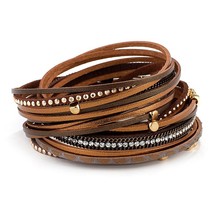 Amorcome Rhinestone Genuine Leather Bracelets for Women Bohemian Multilayer Char - £9.80 GBP
