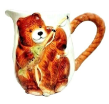 Brown Bear Pitcher with Fishing Pole Stoneware Rope Handle Rod Reel Kitchen - £18.95 GBP