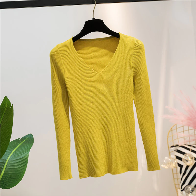 Yellow Autumn And Winter V-neck Knitted Long-sleeved Slim - $35.60